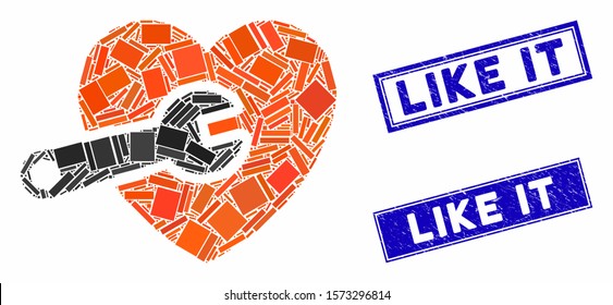 Mosaic heart surgery pictogram and rectangular Like It seal stamps. Flat vector heart surgery mosaic pictogram of scattered rotated rectangular items. Blue Like It seal stamps with scratched texture.