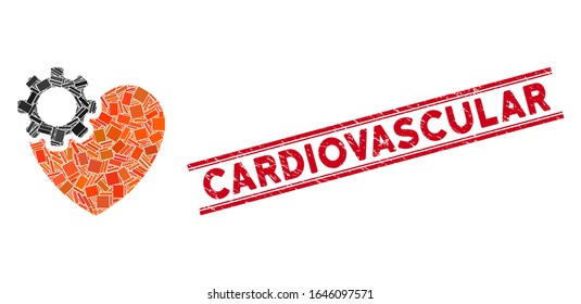 Mosaic heart surgery pictogram and red Cardiovascular seal stamp between double parallel lines. Flat vector heart surgery mosaic pictogram of scattered rotated rectangular items.