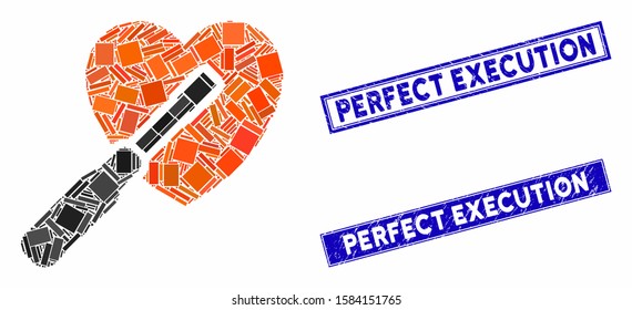 Mosaic heart tuning icon and rectangular Perfect Execution seal stamps. Flat vector heart tuning mosaic icon of randomized rotated rectangle elements.