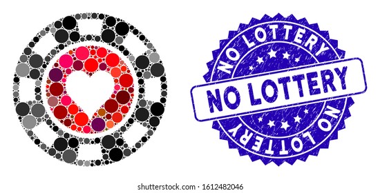 Mosaic hearts casino chip icon and corroded stamp seal with No Lottery phrase. Mosaic vector is formed with hearts casino chip icon and with randomized circle items.