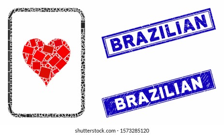 Mosaic hearts gambling card icon and rectangular Brazilian rubber prints. Flat vector hearts gambling card mosaic icon of randomized rotated rectangular elements.