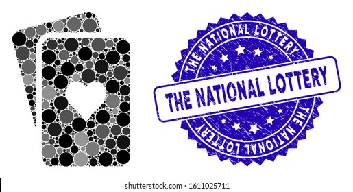 Mosaic hearts playing cards icon and corroded stamp watermark with The National Lottery caption. Mosaic vector is formed with hearts playing cards icon and with random round spots.