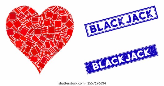 Mosaic hearts suit icon and rectangular stamps. Flat vector hearts suit mosaic icon of randomized rotated rectangle items. Blue caption rubber stamps with rubber surface.