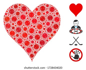Mosaic hearts suit organized from flu virus icons in various sizes and color hues. Vector pathogen icons are combined into abstract illustration hearts suit icon. Some bonus icons are added.