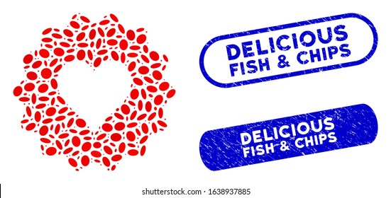 Mosaic hearts token and corroded stamp seals with Delicious Fish & Chips caption. Mosaic vector hearts token is composed with randomized ellipse items.
