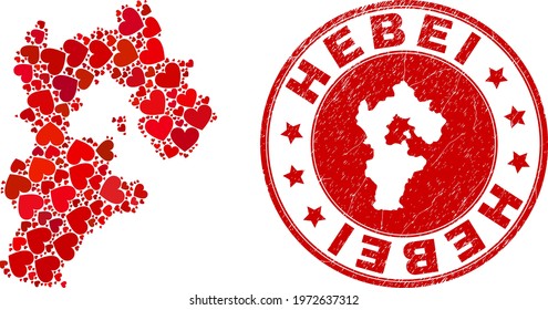 Mosaic Hebei Province map formed from red love hearts, and grunge seal stamp. Vector lovely round red rubber stamp imitation with Hebei Province map inside.