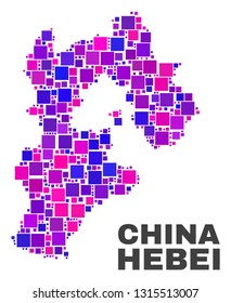 Mosaic Hebei Province map isolated on a white background. Vector geographic abstraction in pink and violet colors. Mosaic of Hebei Province map combined of scattered small squares.