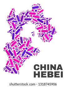 Mosaic Hebei Province map isolated on a white background. Vector geographic abstraction in pink and violet colors. Mosaic of Hebei Province map designed from random round points and lines.