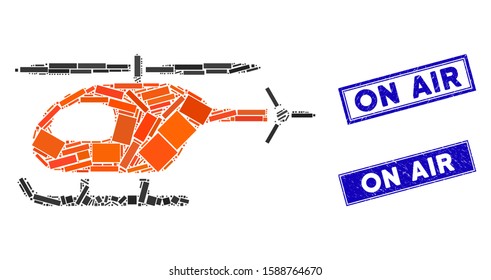Mosaic helicopter pictogram and rectangular On Air stamps. Flat vector helicopter mosaic pictogram of randomized rotated rectangle items. Blue On Air rubber stamps with grunge surface.