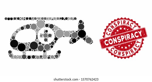 Mosaic helicopter and rubber stamp watermark with Conspiracy phrase. Mosaic vector is formed with helicopter icon and with random spheric elements. Conspiracy stamp seal uses red color,