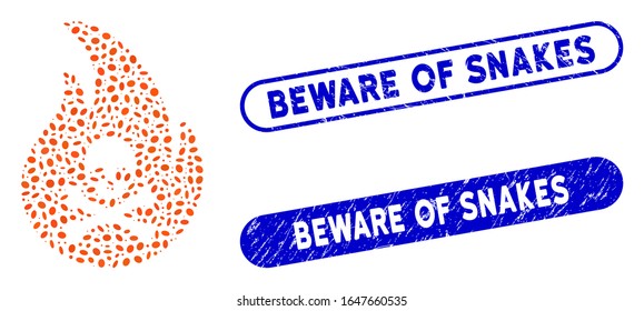 Mosaic hell fire and grunge stamp seals with Beware of Snakes text. Mosaic vector hell fire is composed with random elliptic pieces. Beware of Snakes stamp seals use blue color,