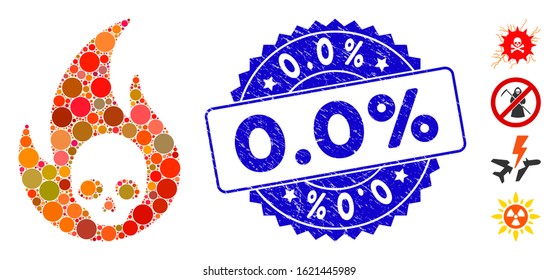 Mosaic hell fire icon and corroded stamp watermark with 0.0% phrase. Mosaic vector is composed with hell fire icon and with scattered spheric spots. 0.0% stamp seal uses blue color, and grunge design.