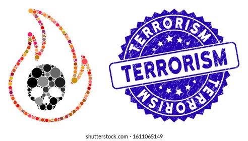 Mosaic hell fire icon and distressed stamp seal with Terrorism phrase. Mosaic vector is designed with hell fire pictogram and with randomized spheric items. Terrorism stamp seal uses blue color,