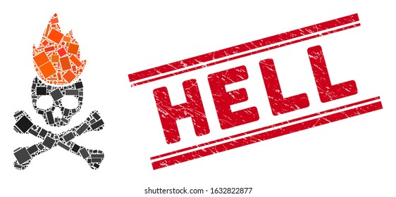 Mosaic hell fire icon and red Hell seal stamp between double parallel lines. Flat vector hell fire mosaic icon of random rotated rectangle items. Red Hell seal stamp with scratched texture.