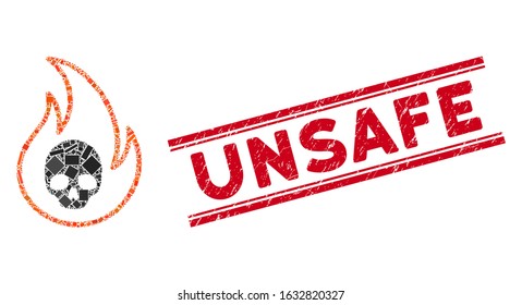 Mosaic hell fire pictogram and red Unsafe seal stamp between double parallel lines. Flat vector hell fire mosaic pictogram of scattered rotated rectangular elements.