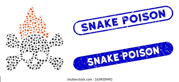 Mosaic hellfire and distressed stamp seals with Snake Poison phrase. Mosaic vector hellfire is created with randomized ellipse parts. Snake Poison stamp seals use blue color,