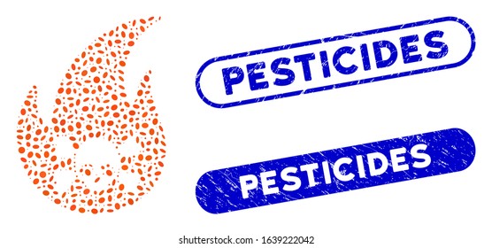 Mosaic hellfire and grunge stamp watermarks with Pesticides caption. Mosaic vector hellfire is composed with random oval spots. Pesticides stamp seals use blue color, and have round rectangle shape.