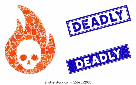 Mosaic hellfire icon and rectangular watermarks. Flat vector hellfire mosaic icon of scattered rotated rectangular items. Blue caption rubber seals with rubber texture.