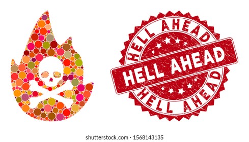 Mosaic hellfire and rubber stamp watermark with Hell Ahead text. Mosaic vector is created with hellfire icon and with random spheric items. Hell Ahead stamp uses red color, and rubber surface.