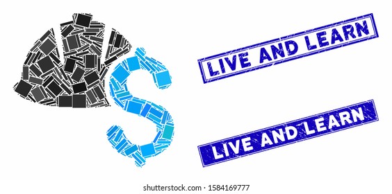 Mosaic helmet and dollar pictogram and rectangular Live and Learn watermarks. Flat vector helmet and dollar mosaic pictogram of randomized rotated rectangular elements.