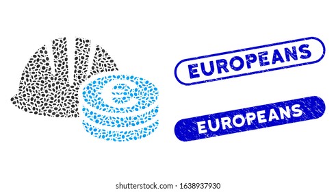 Mosaic helmet and Euro coins and grunge stamp seals with Europeans phrase. Mosaic vector helmet and Euro coins is composed with random ellipse items. Europeans seals use blue color,