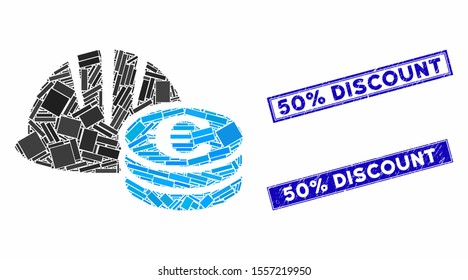 Mosaic helmet and Euro coins icon and rectangular seals. Flat vector helmet and Euro coins mosaic pictogram of scattered rotated rectangular items. Blue caption seals with scratched texture.
