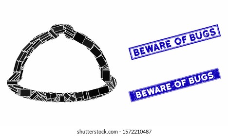 Mosaic helmet icon and rectangle Beware of Bugs watermarks. Flat vector helmet mosaic icon of random rotated rectangle items. Blue Beware of Bugs watermarks with grunge textures.