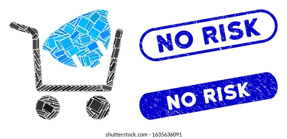 Mosaic helmet shopping and grunge stamp watermarks with No Risk phrase. Mosaic vector helmet shopping is formed with randomized rectangles. No Risk stamp seals use blue color,