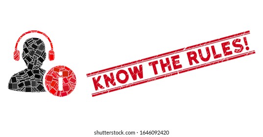 Mosaik Help Desk Symbol und rot Know the Rules Exclamation Siegel Stempel zwischen doppelten parallelen Linien. Flat Vektorillustration Helpdesk Mosaik Symbol von verstreuten rotierten Rechteck-Elemente.