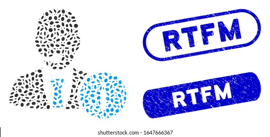 Mosaic help desk manager and distressed stamp seals with Rtfm caption. Mosaic vector help desk manager is formed with random oval spots. Rtfm stamp seals use blue color,