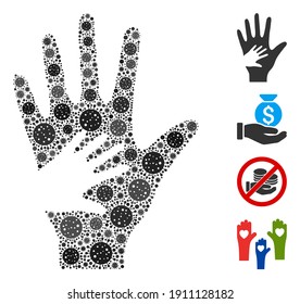 Mosaic help hand organized from flu virus icons in various sizes and color hues. Vector pathogen icons are grouped into abstract collage help hand icon. Some bonus icons are added.