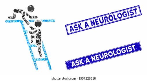 Mosaic help icon and rectangular stamps. Flat vector help mosaic icon of scattered rotated rectangle items. Blue caption stamps with grunge surface.