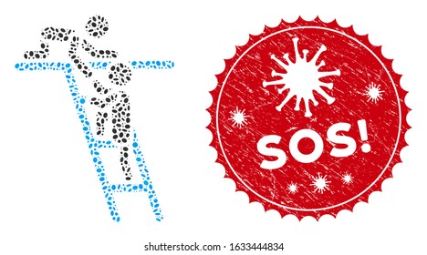 Mosaic help icon and red round rubber stamp watermark with Sos! text and coronavirus symbol. Mosaic vector is composed with help icon and with randomized ellipse elements. Sos! stamp uses red color,