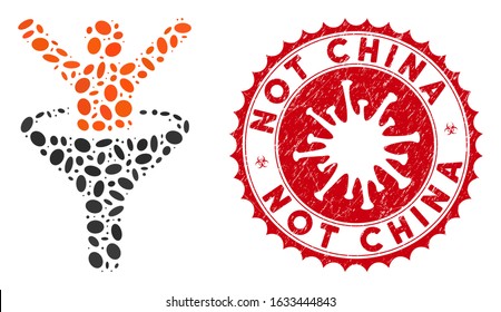 Mosaic help icon and red round grunge stamp seal with Not China phrase and coronavirus symbol. Mosaic vector is created from help icon and with scattered elliptic spots. Not China seal uses red color,