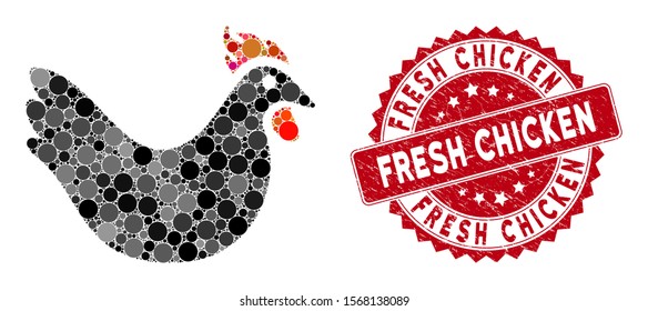 Mosaic hen and corroded stamp seal with Fresh Chicken phrase. Mosaic vector is designed from hen icon and with random circle elements. Fresh Chicken stamp seal uses red color, and distress design.