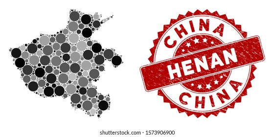 Mosaic Henan Province map and circle watermark. Flat vector Henan Province map mosaic of randomized circle items. Red watermark with grunge texture. Designed for political and patriotic applications.