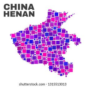 Mosaic Henan Province map isolated on a white background. Vector geographic abstraction in pink and violet colors. Mosaic of Henan Province map combined of scattered square elements.