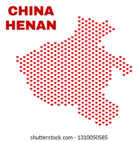 Mosaic Henan Province map of valentine hearts in red color isolated on a white background. Regular red heart pattern in shape of Henan Province map. Abstract design for Valentine decoration.