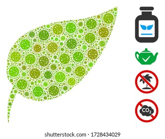 Mosaic herbal leaf united from covid-2019 virus icons in variable sizes and color hues. Vector pathogen elements are united into abstract mosaic herbal leaf icon. Some bonus icons are added.