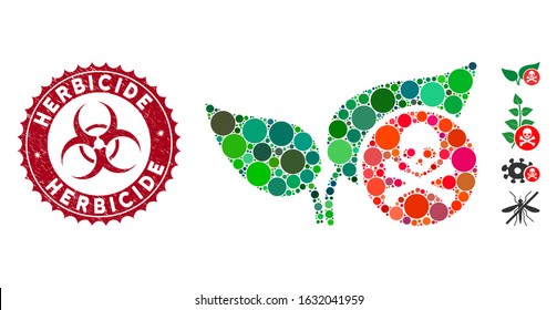 Mosaic Herbicide Icon And Grunge Stamp Seal With Herbicide Text And Biohazard Symbol. Mosaic Vector Is Created With Herbicide Icon And With Scattered Spheric Spots. Herbicide Stamp Uses Red Color,