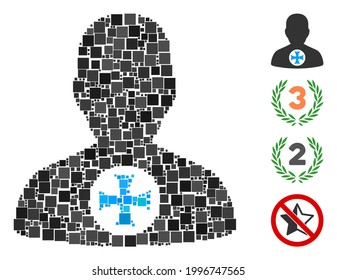 Mosaic Hero medal icon designed from square items in different sizes and color hues. Vector square items are combined into abstract mosaic hero medal icon. Bonus pictograms are added.