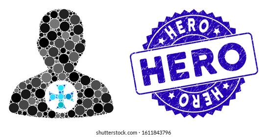 Mosaic hero medal icon and distressed stamp seal with Hero phrase. Mosaic vector is formed with hero medal icon and with random circle spots. Hero seal uses blue color, and distress surface.