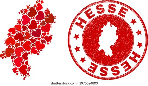 Mosaic Hesse Land map created with red love hearts, and rubber stamp. Vector lovely round red rubber stamp imprint with Hesse Land map inside.