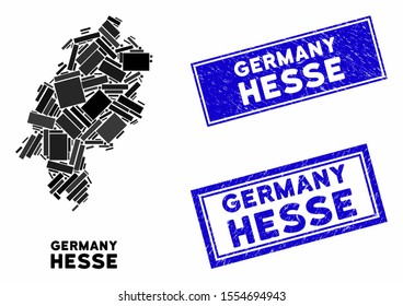Mosaic Hesse Land map and rectangle watermarks. Flat vector Hesse Land map mosaic of randomized rotated rectangle elements. Blue caption watermarks with corroded surface.
