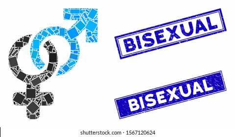 Mosaic heterosexual symbol icon and rectangle seal stamps. Flat vector heterosexual symbol mosaic icon of scattered rotated rectangle items. Blue caption stamps with rubber surface.