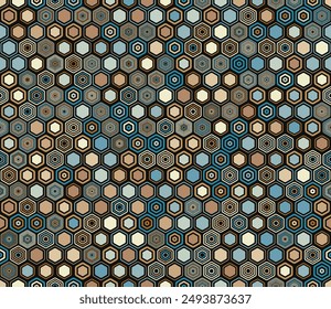 Mosaic hexagon shapes background. Geometric elements of varied style and color. Honeycomb geometric shapes. Tileable pattern. Seamless background. Elegant vector illustration.