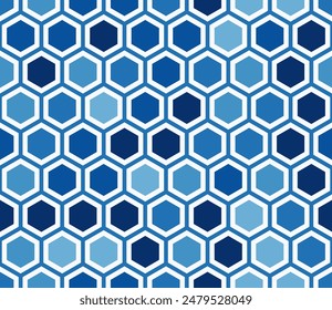 Fondo de Formas hexagonales de mosaico. Red hexagonal simple con células sólidas internas. Tonos de color azul. Células hexagonales. Patrón sin costuras. Ilustración vectorial con mosaico.