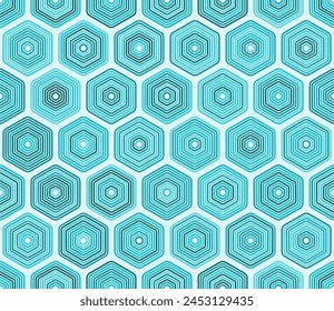 Mosaic hexagon shapes background. Rounded stacked hexagons mosaic pattern. Cyan color tones. Large hexagon shapes. Tileable pattern. Seamless vector illustration.