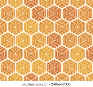 Fondo de Formas hexagonales de mosaico. Patrón de mosaico de hexágonos apilados redondeados. Tonos de color naranja. Grandes Formas hexagonales. Patrón sin costuras. Ilustración vectorial con mosaico.