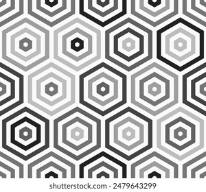 Mosaic hexagon shapes background. Stacked hexagon bold mosaic cell. Grey color tones. Large hexagons. Tileable pattern. Seamless vector illustration.